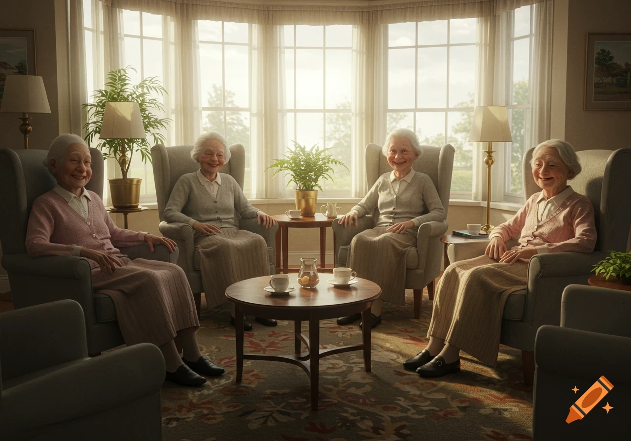 Four smiling elderly women in armchairs gathered around a coffee table in a sunlit nursing home common room, having tea.