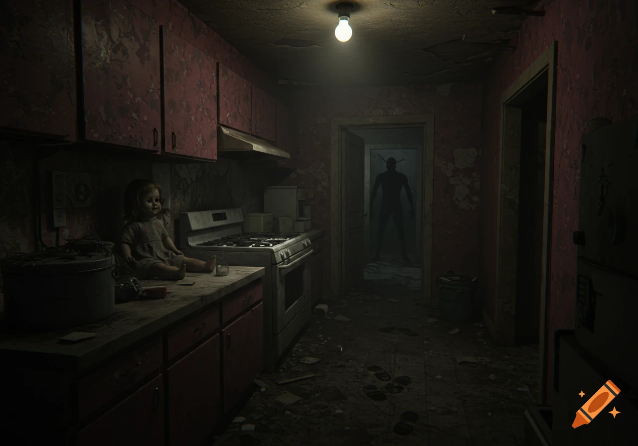 A dimly lit, dilapidated kitchen with a creepy doll on the counter and a shadowy, horned monster standing in a doorway.