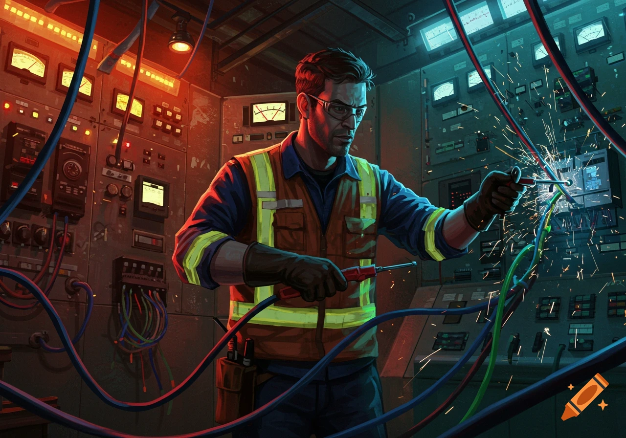 Stylized illustration of an electrician in safety vest and glasses, sparks flying as he works on a complex electrical panel.