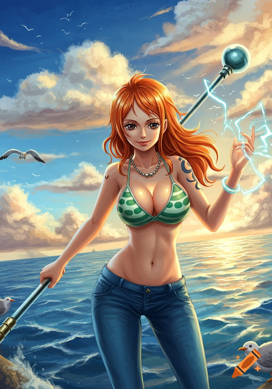 Nami from One Piece, an anime character with orange hair, stands by the ocean at sunset, holding a staff and generating lightning.