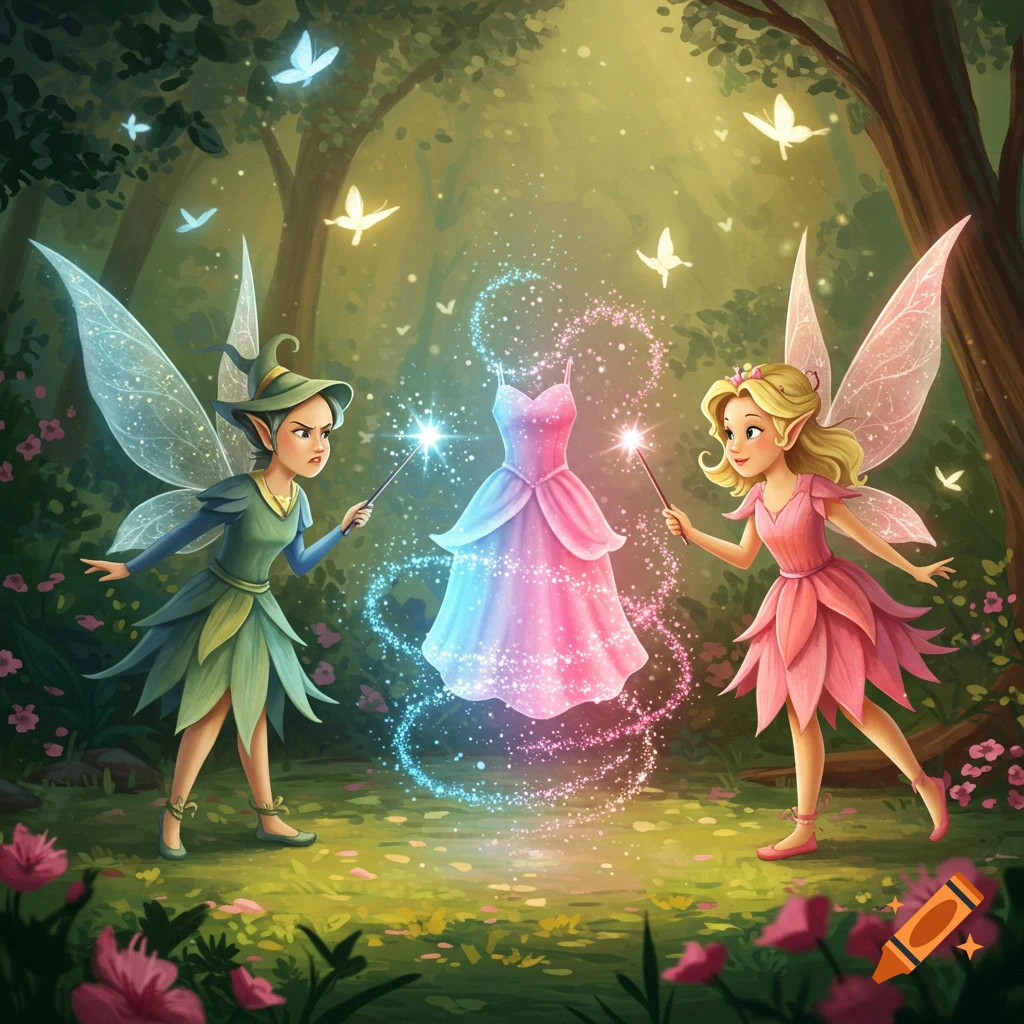 Two fairies in a magical forest use wands to transform a dress, surrounded by glowing butterflies.