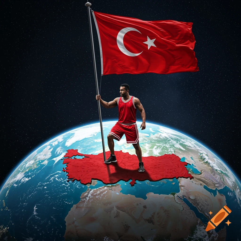 A man in a red basketball uniform stands on the map of Turkey on a globe in space, holding a large Turkish flag.
