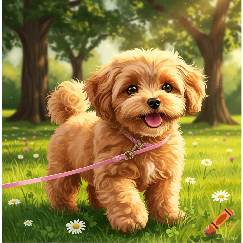 A cute fluffy brown puppy with a pink leash stands in a vibrant green field with trees and flowers, in a digital painting style.