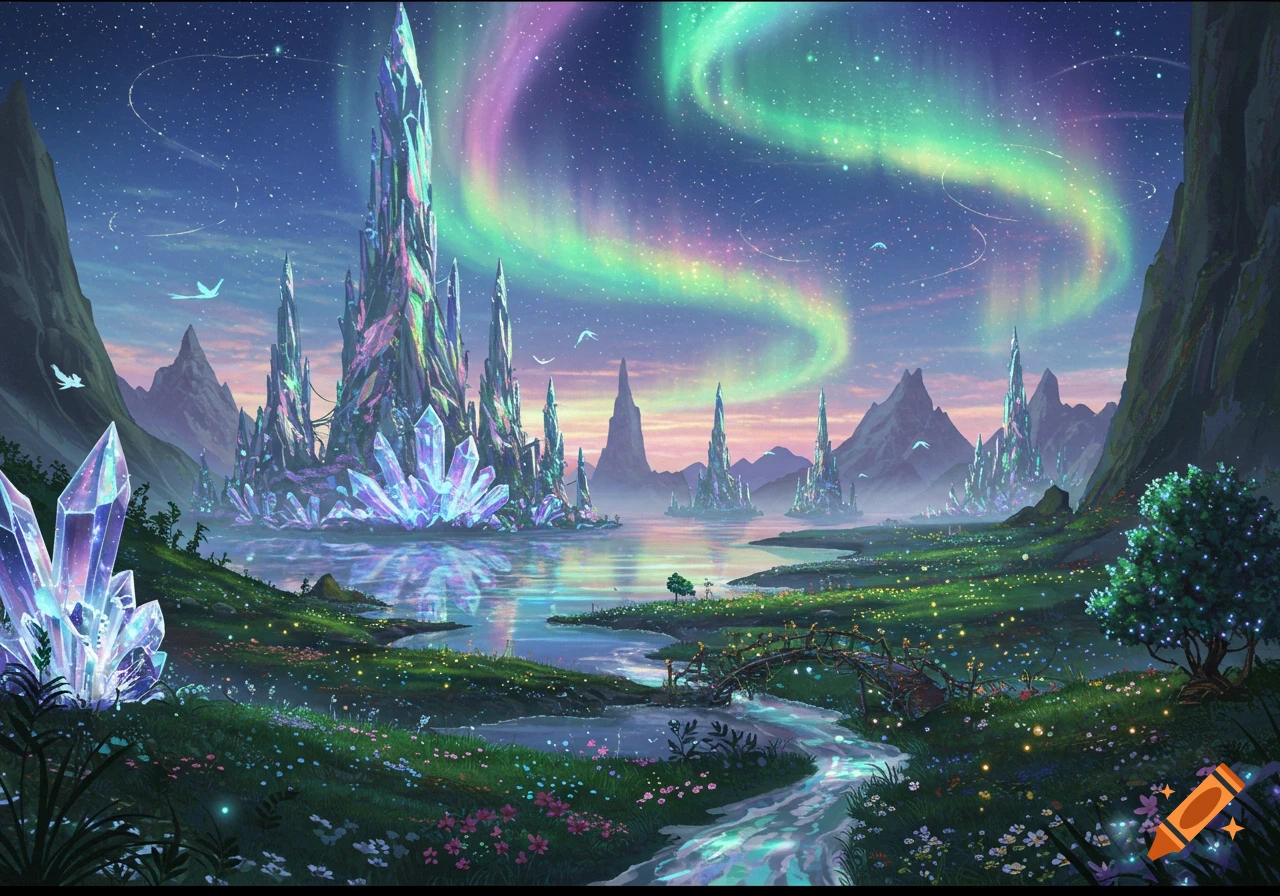 A vibrant fantasy landscape with glowing crystal castles, a river flowing through a wildflower field, and a colorful aurora borealis sky.