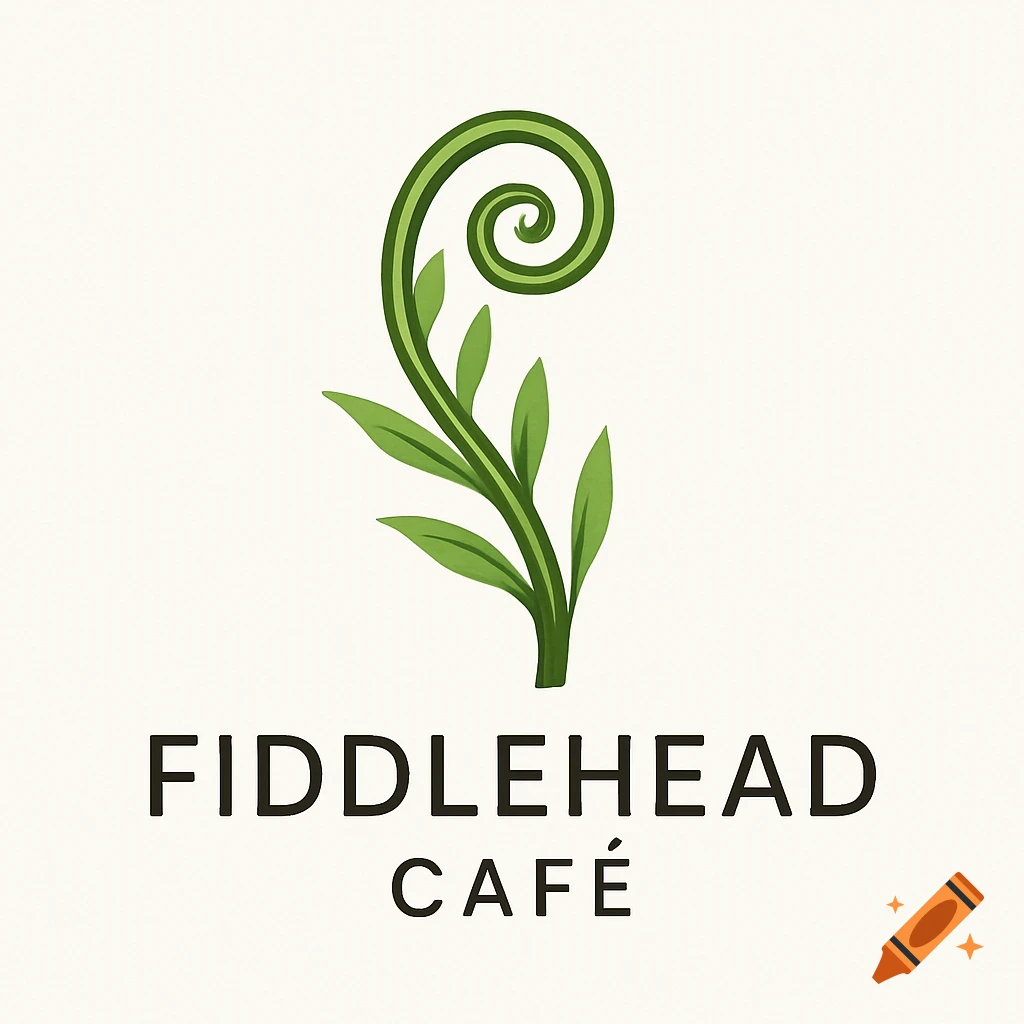 A minimalist logo for Fiddlehead Caf\u00e9 featuring a green stylized fiddlehead fern above the text.