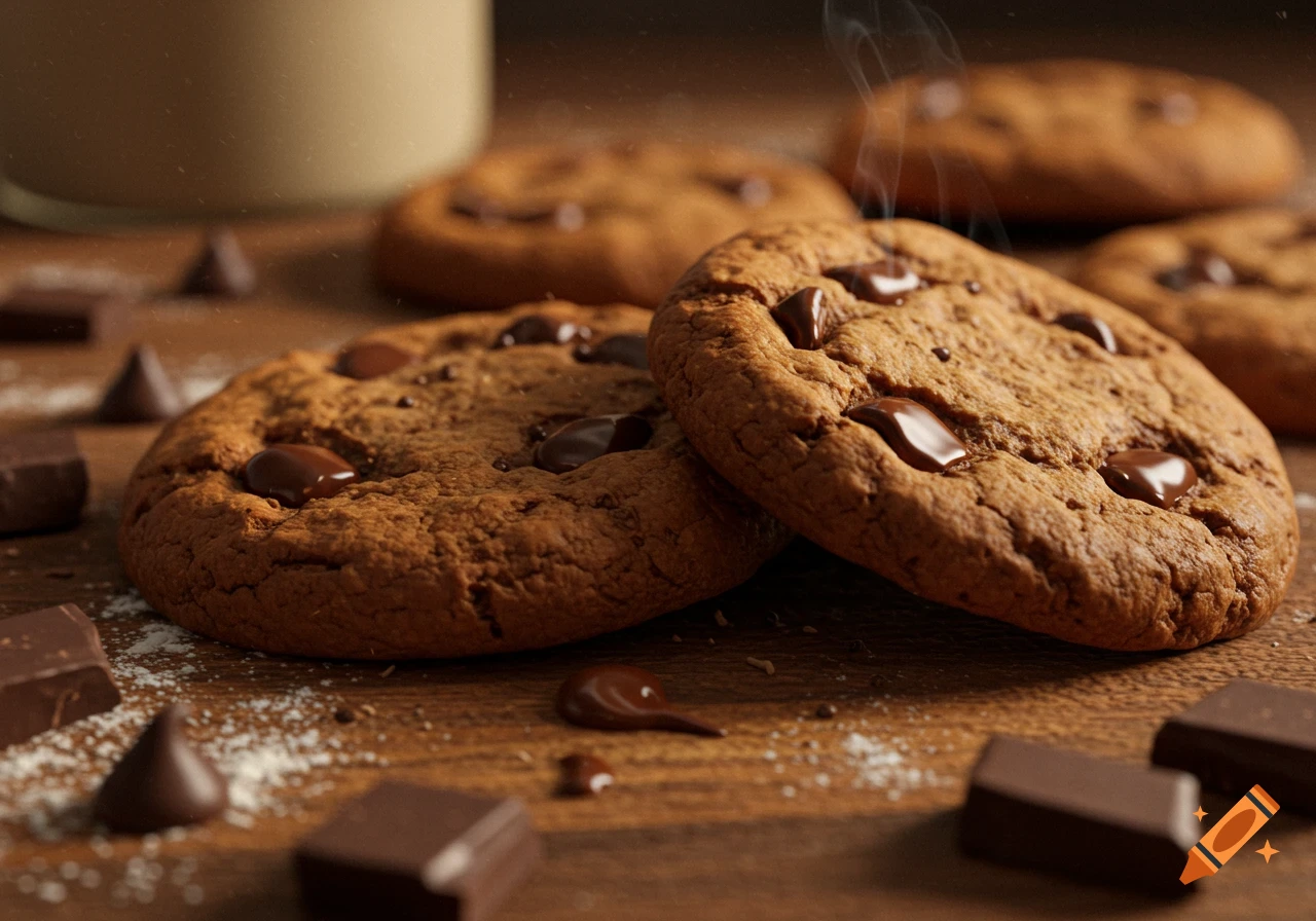 Close-up of freshly baked chocolate chip cookies with chocolate pieces and a glass of milk on a wooden table, photorealistic.