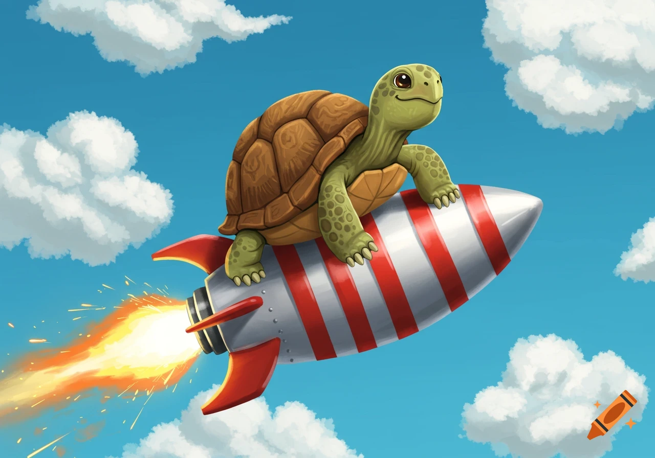 A cute cartoon turtle rides a red and white striped rocket through a blue sky with white clouds, with fire blasting from the rocket's engine.
