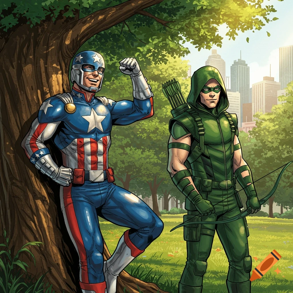 Two comic book superheroes, one in blue, red, and white, the other in green with a bow, stand in a park with a city skyline.