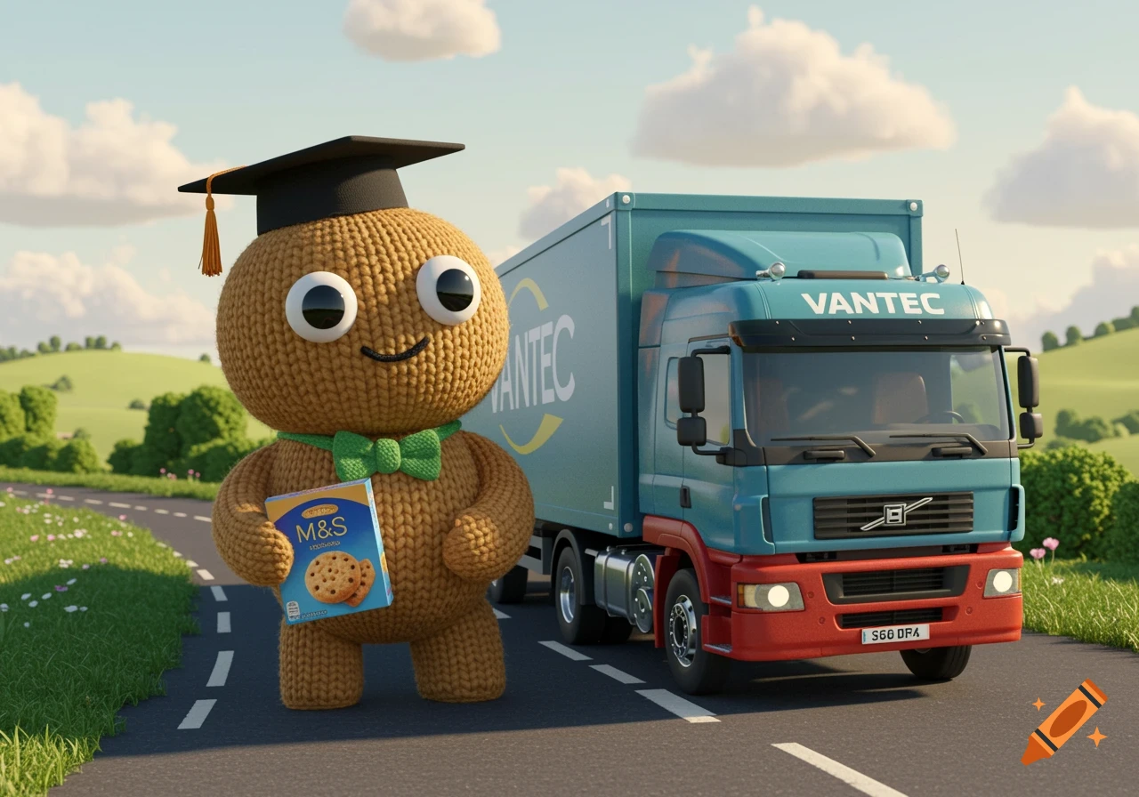 A cheerful, knitted character wearing a graduation cap and green bowtie holds a box of M&S cookies, standing on a road next to a large blue VANTEC truck under a sunny sky in a cartoon style.