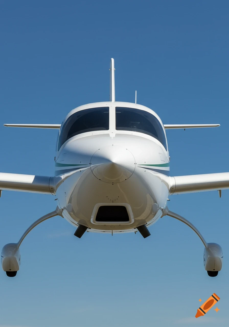 A photorealistic close-up view of the front of a white and green Cirrus SR-20 aircraft against a clear blue sky.