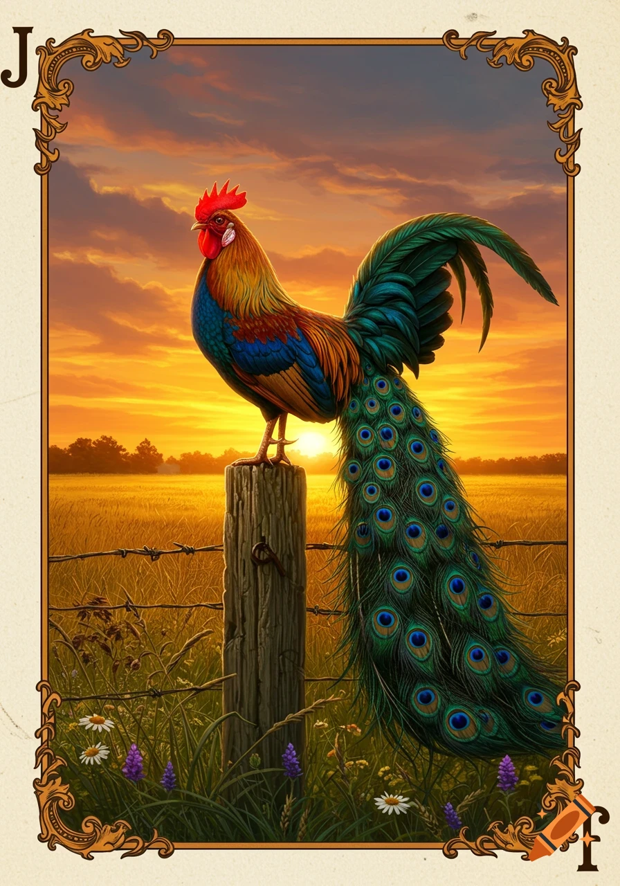 A colorful rooster with a peacock tail stands on a fence post in a field during sunset, depicted on a playing card.