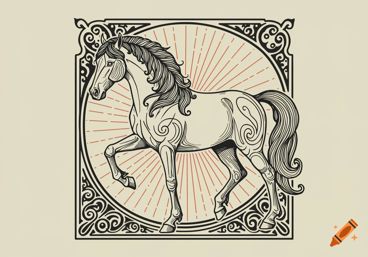 A stylized vintage line drawing of a horse in an ornate frame with sunburst lines.