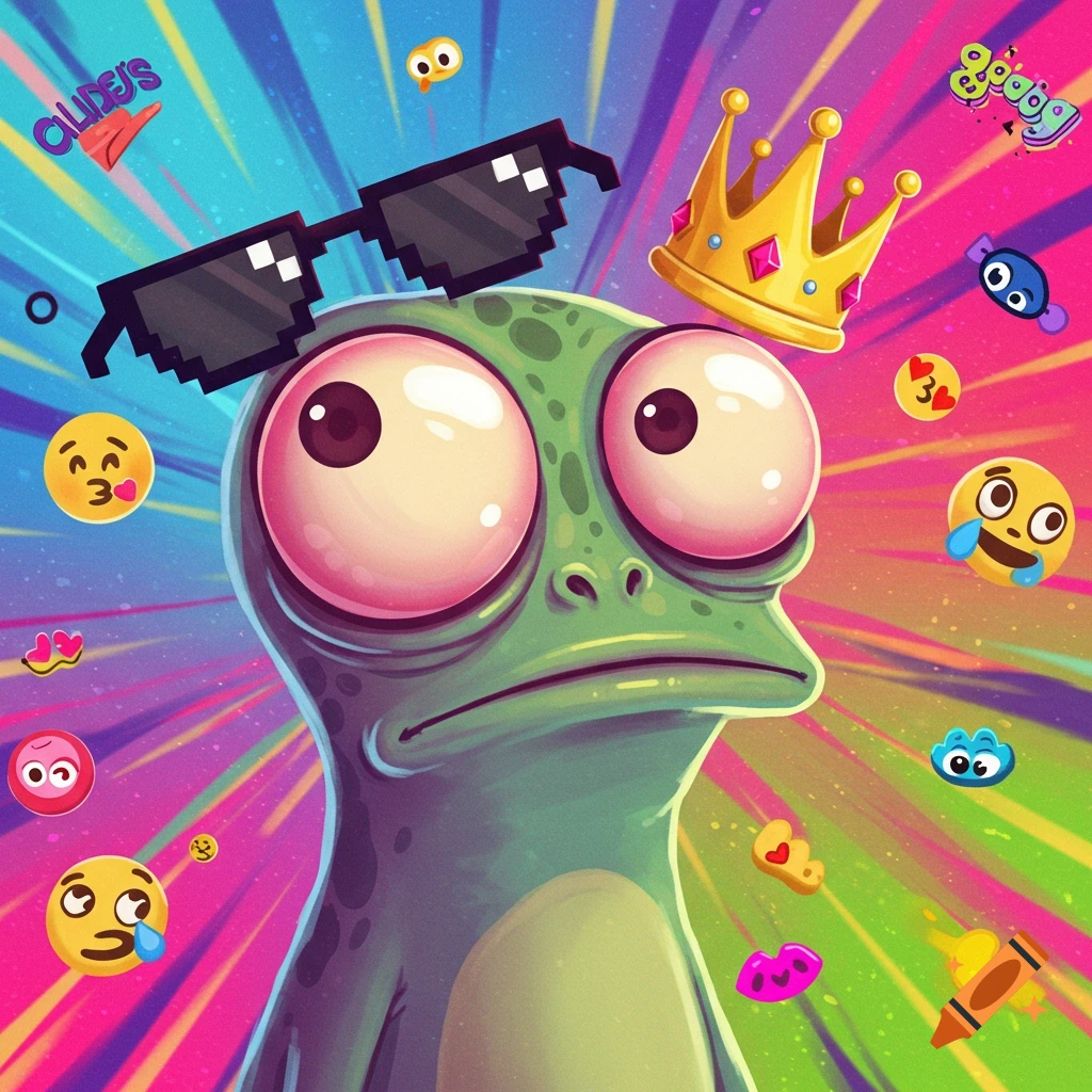 A cartoon frog-like creature with large pink eyes and a sad expression, wearing pixelated sunglasses and a golden crown, surrounded by various emojis on a vibrant, colorful background.