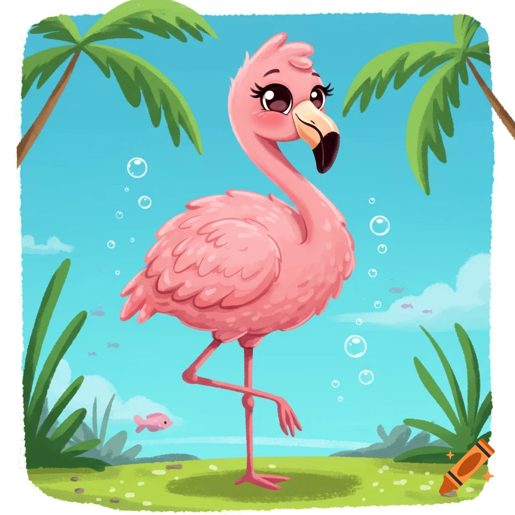 A cute cartoon pink flamingo stands on one leg in a grassy landscape with palm trees and small fish.