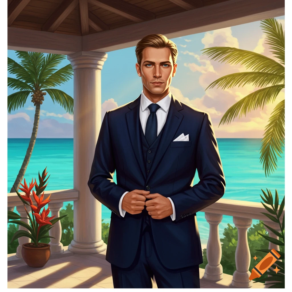 A well-dressed man in a dark suit stands on a tropical balcony overlooking a turquoise ocean and palm trees.