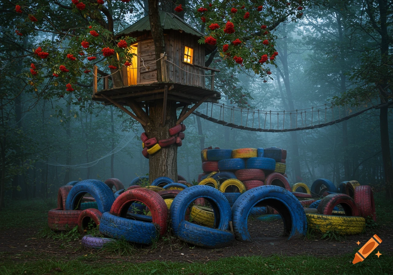 A cozy treehouse with glowing windows and a rope bridge stands in a misty forest, surrounded by a colorful pile of painted tires.
