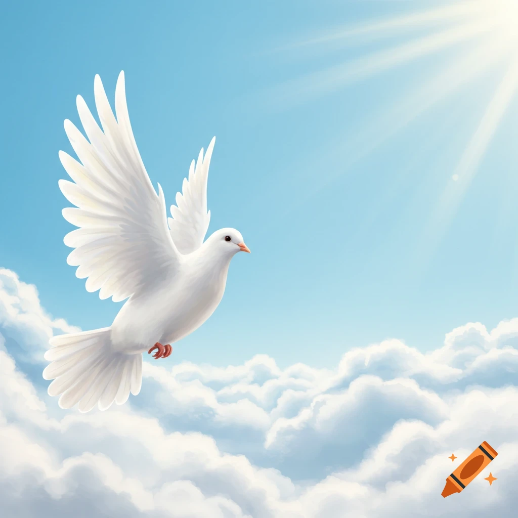 A white dove with outstretched wings flies upward through a bright blue sky with soft white clouds and sun rays.