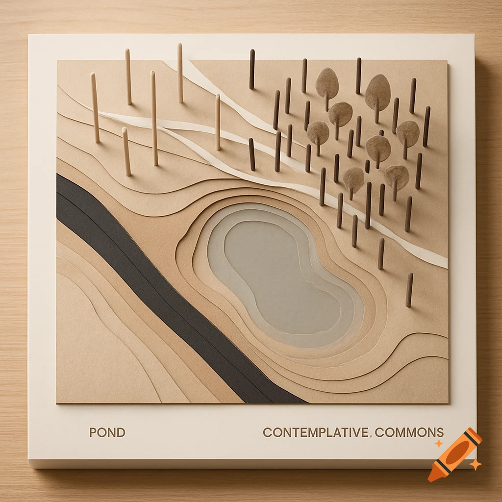 A layered paper and wood relief model of a landscape with a pond, trees, and a road. Labels 'POND' and 'CONTEMPLATIVE. COMMONS' are at the bottom.