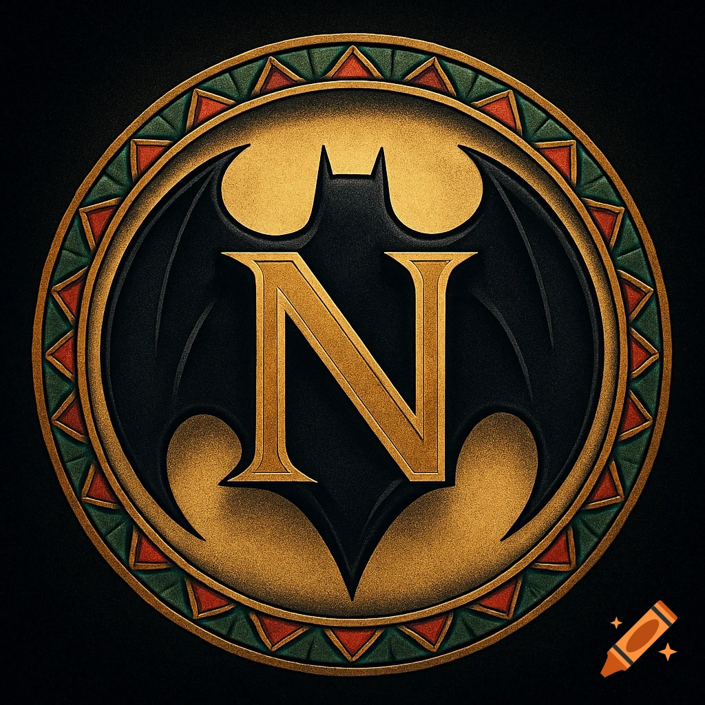 A gold letter "N" is centered within a black Batman bat silhouette, surrounded by a gold and green/red geometric circular border on a dark background.