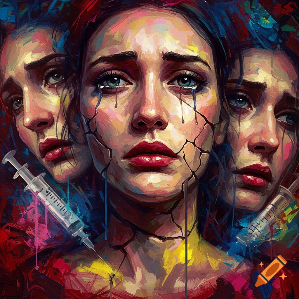 Abstract expressionist portrait of a woman crying with cracked skin, flanked by blurred faces amidst vibrant paint drips and syringes.