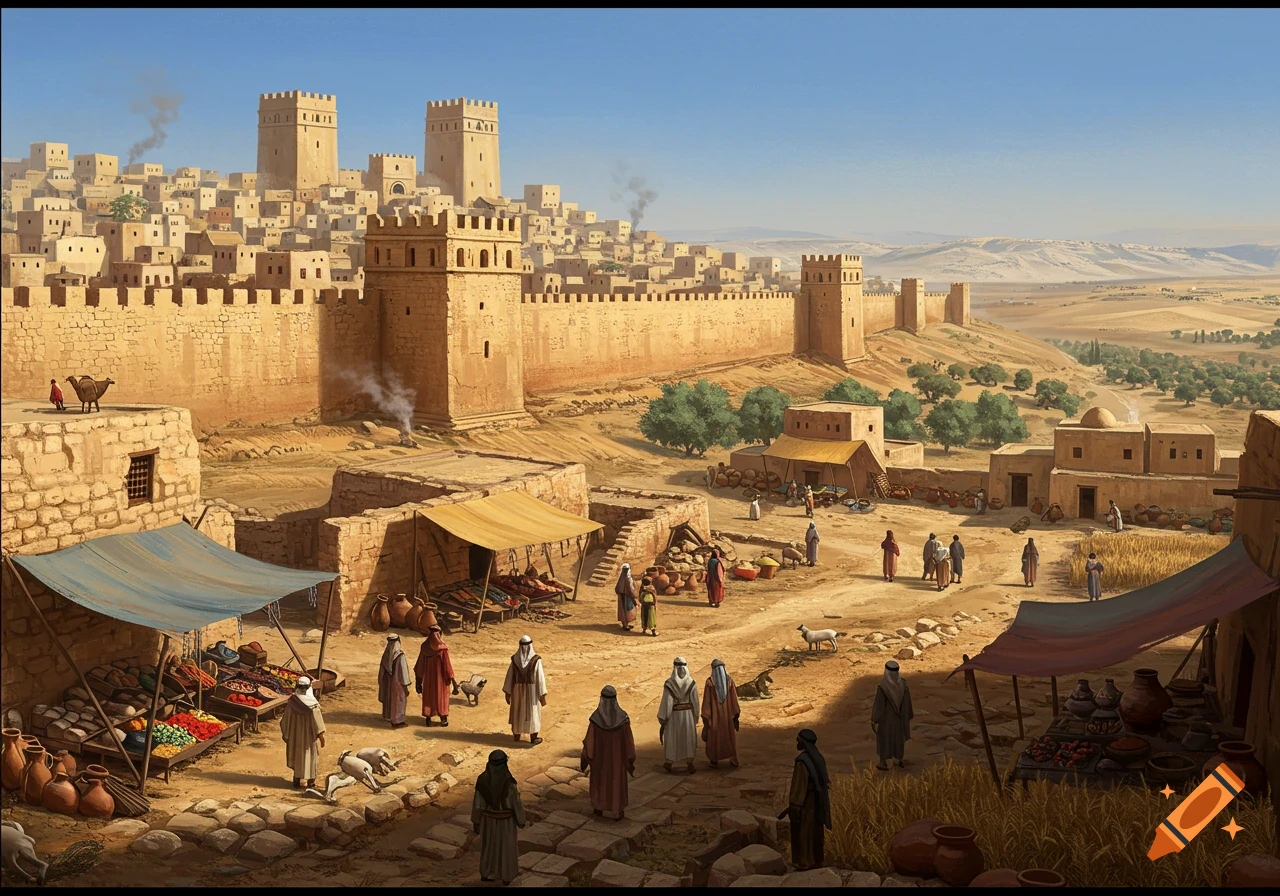 A detailed illustration of an ancient fortified city in a desert landscape with a bustling market outside its walls.
