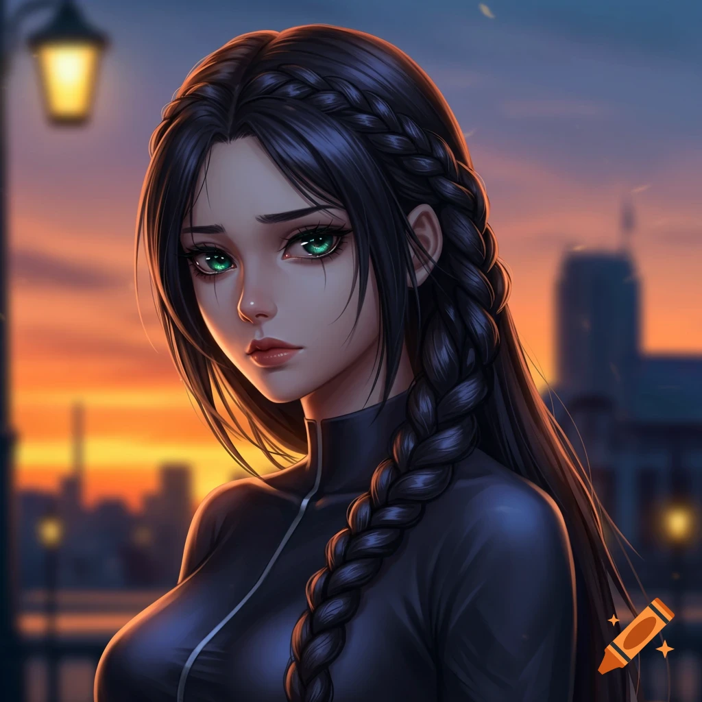 Anime girl with long dark braided hair and green eyes, a sad expression, in modern clothes, with a city sunset background.
