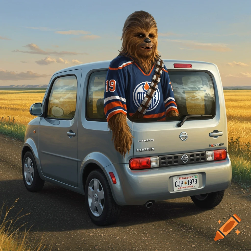 Chewbacca wearing a blue and orange Oilers hockey jersey and bandolier, standing in the back of a silver Nissan Cube car on a dirt road in a field.