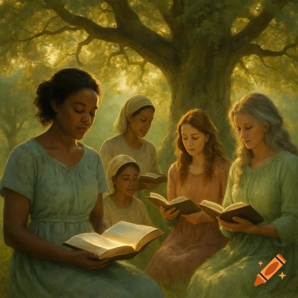 Several women of various ages and ethnicities reading open books outdoors under a large tree, depicted in a soft, painterly style.