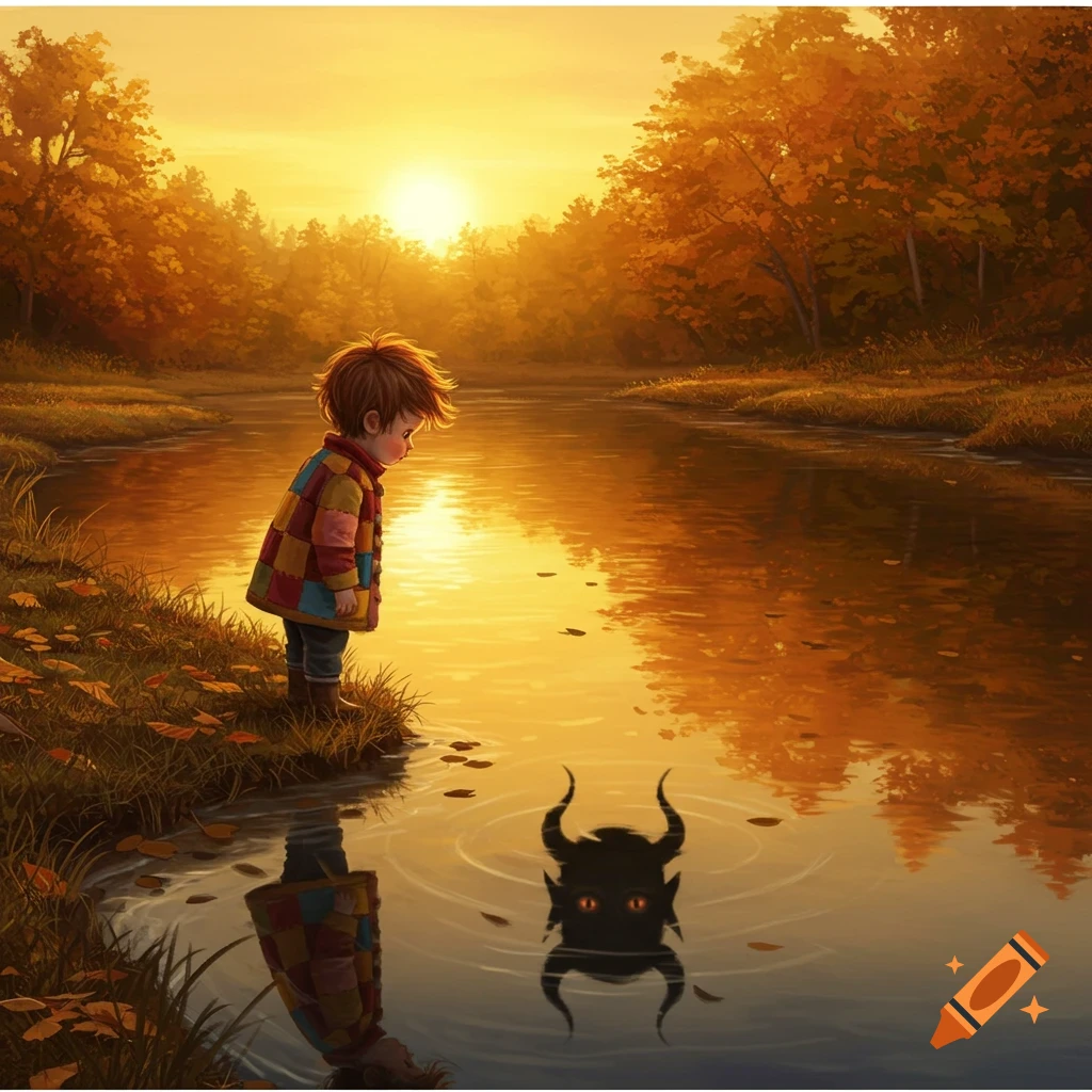 An illustrated child in a colorful coat stands by a river at sunset, looking at a demon reflection in the water.