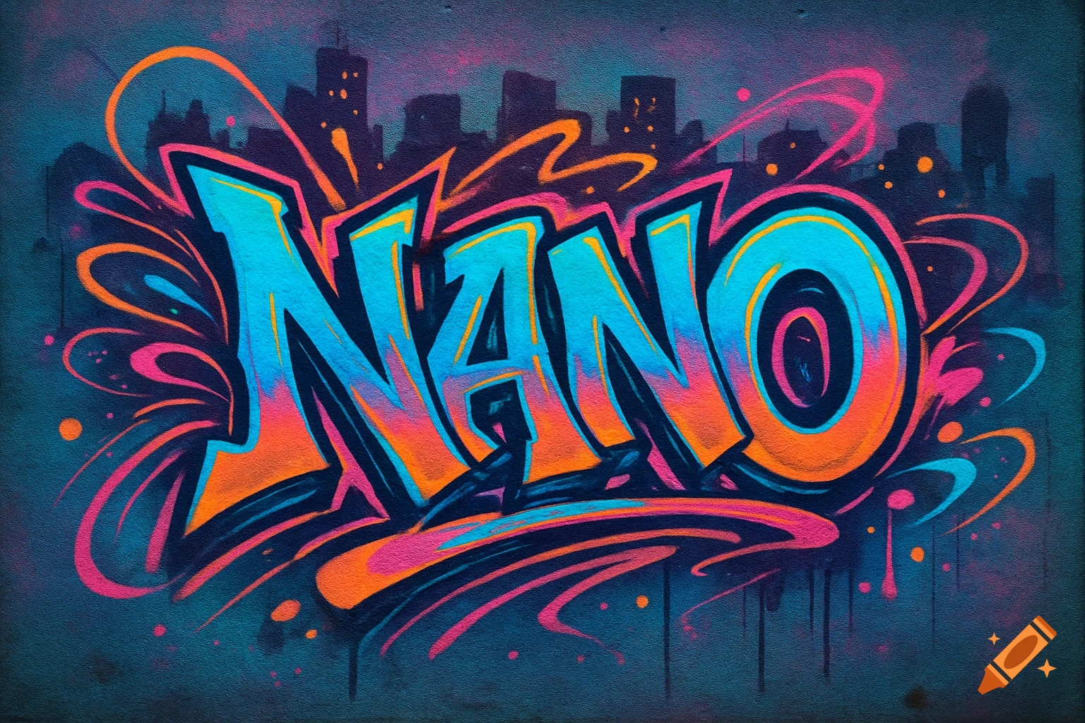 Colorful graffiti art spells out the word 'NANO' in blue, orange, and pink against a dark cityscape background.