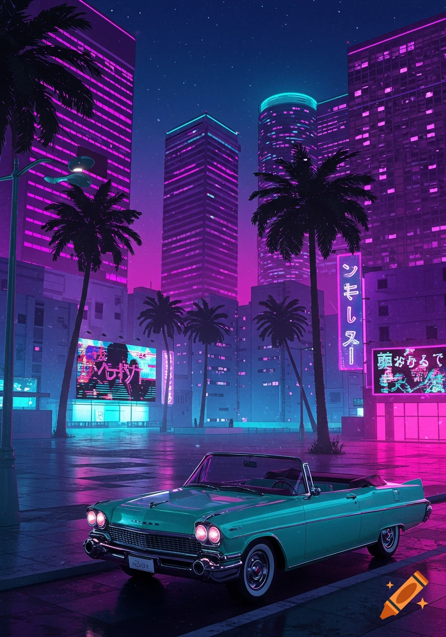 A teal vintage convertible parked on a wet street in a vibrant neon-lit vaporwave cityscape with tall buildings and palm trees.