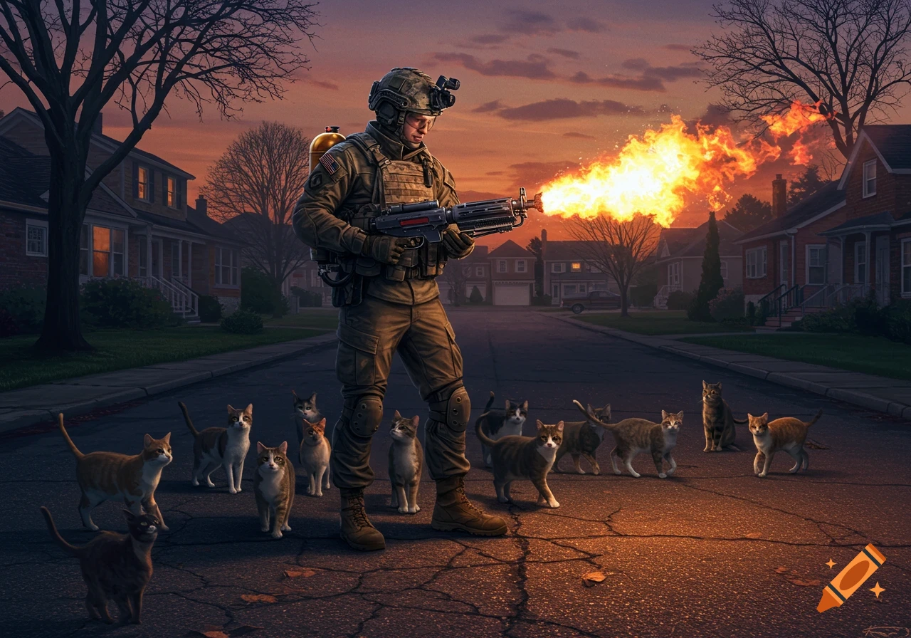A soldier in a military uniform holds a flamethrower, standing in a residential street surrounded by cats at sunset.