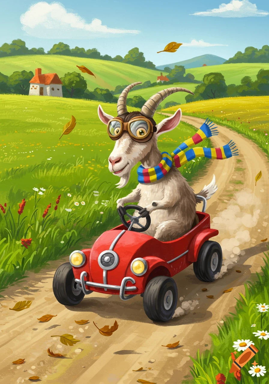A happy cartoon goat wearing goggles and a striped scarf drives a red pedal car on a dirt road through a sunny green field with a farmhouse in the background.