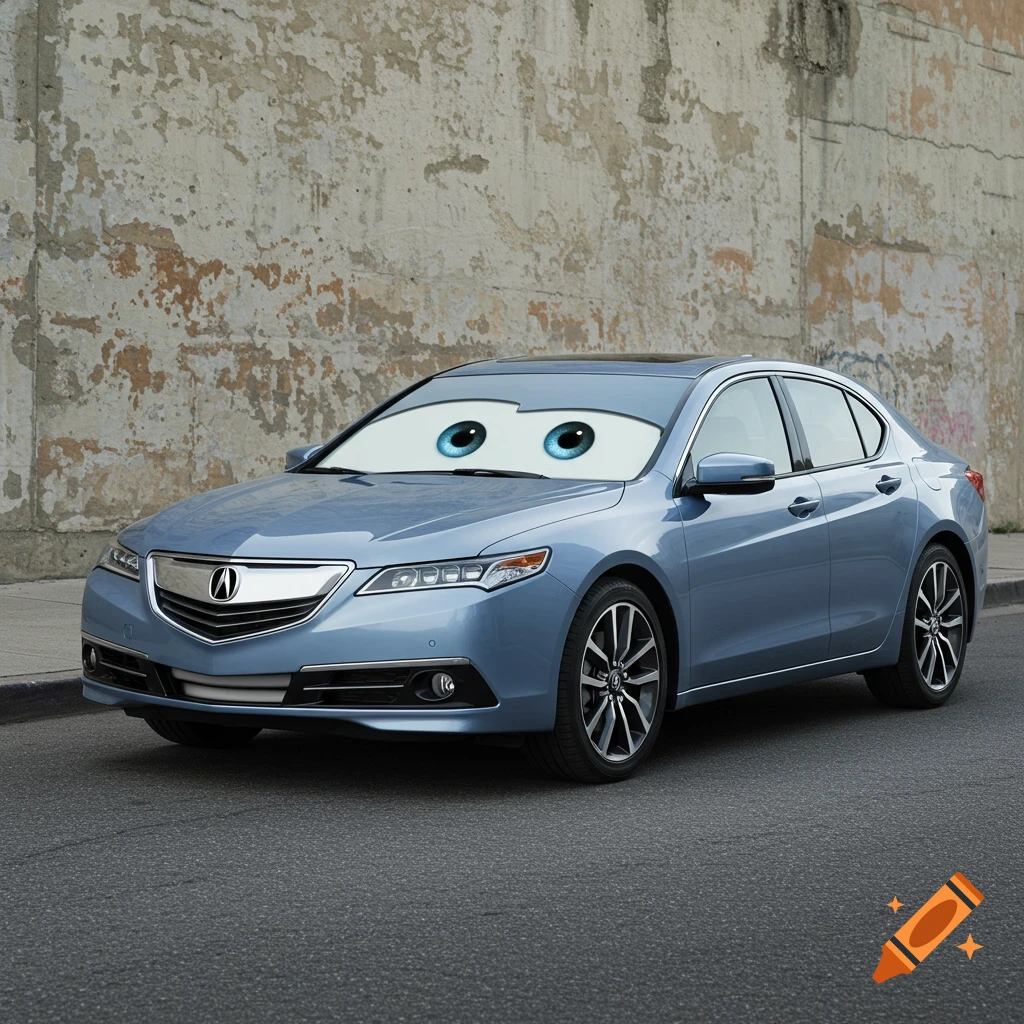 A light-blue 2015 Acura TLX with large blue cartoon eyes on its windshield, parked against a textured wall.