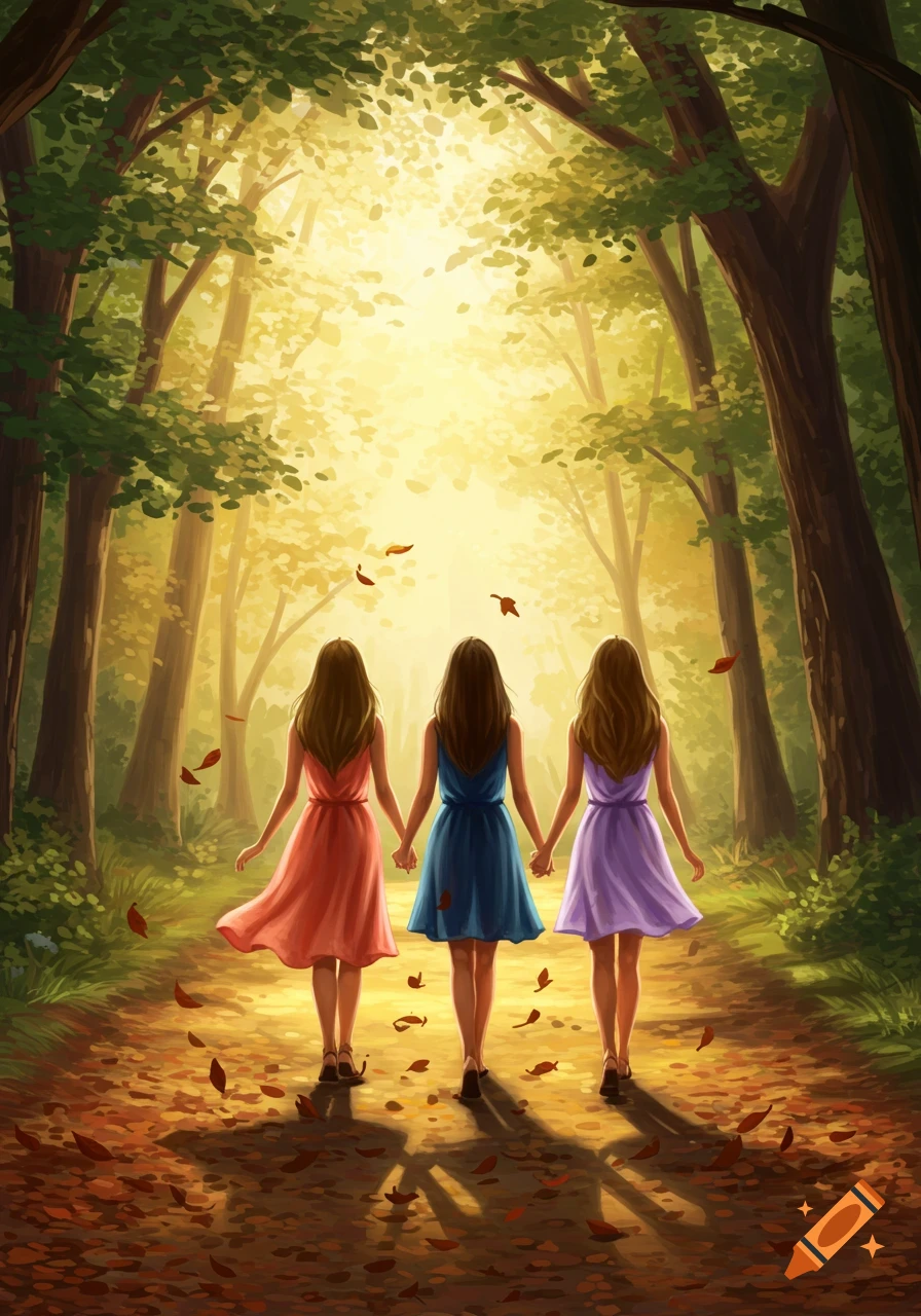 Three women in colorful dresses walk hand-in-hand down a sunlit forest path with fallen leaves, art style.