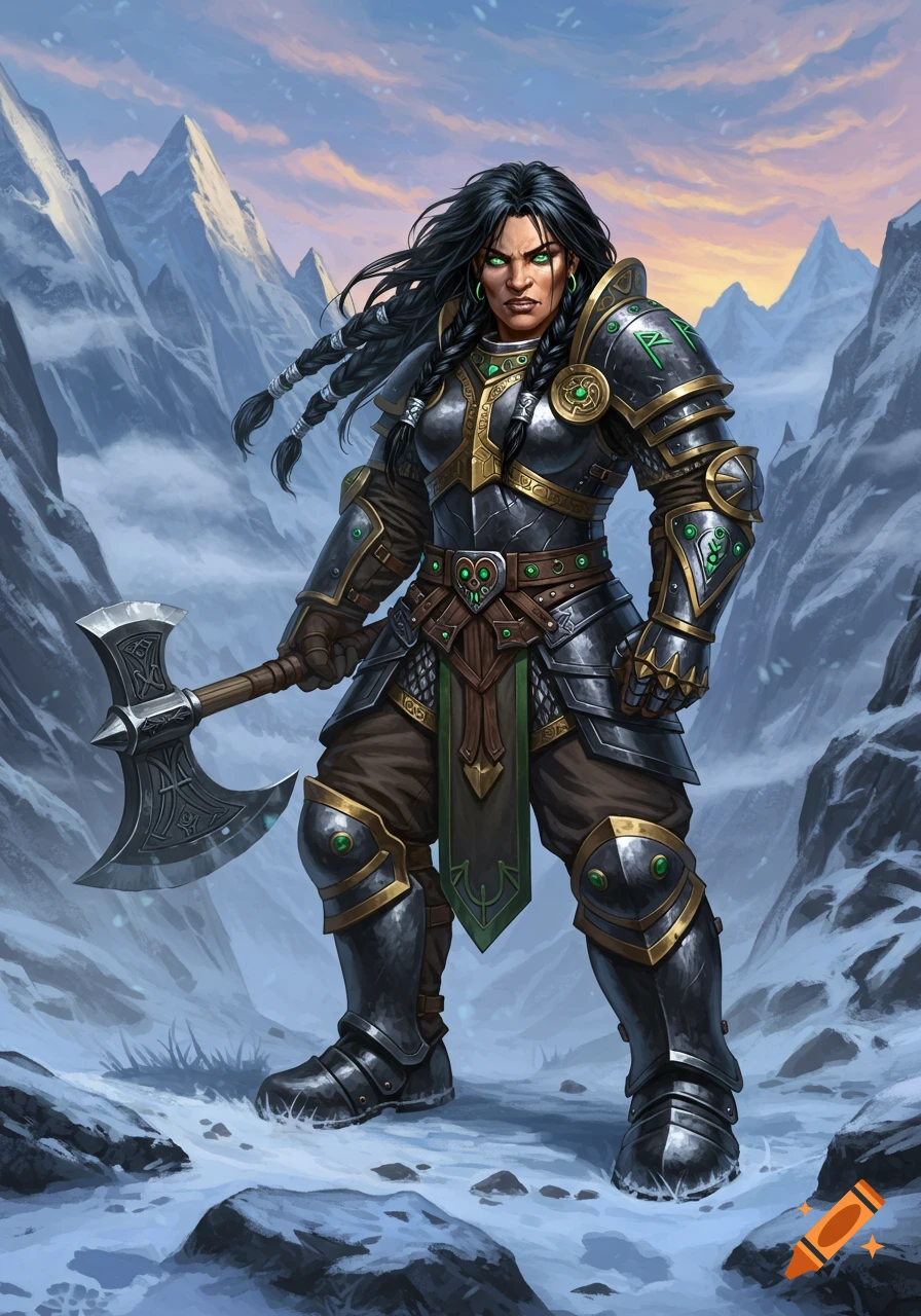 A female dwarf warrior with black hair and green eyes stands in snowy mountains, holding a large axe.