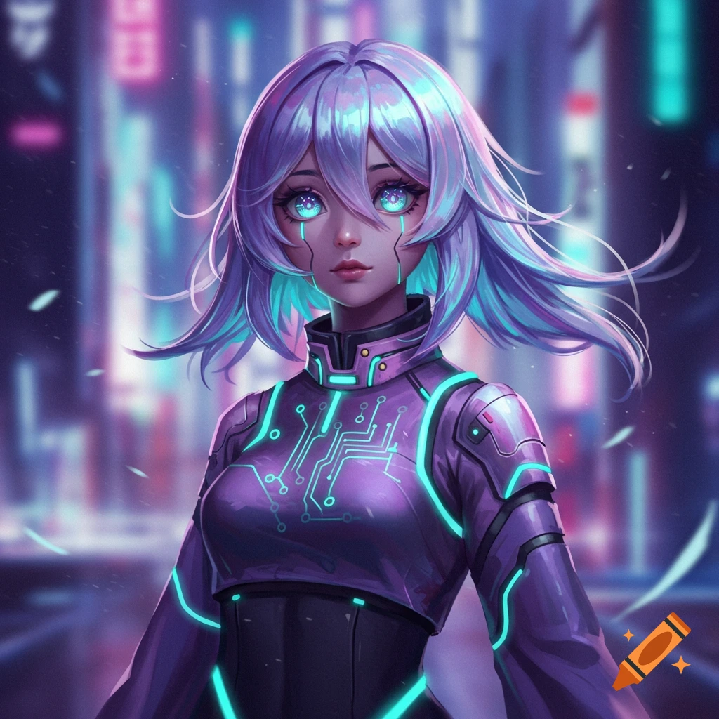 A cyberpunk anime girl with purple and teal hair, glowing blue eyes, and a futuristic outfit with circuit patterns, against a neon city background.
