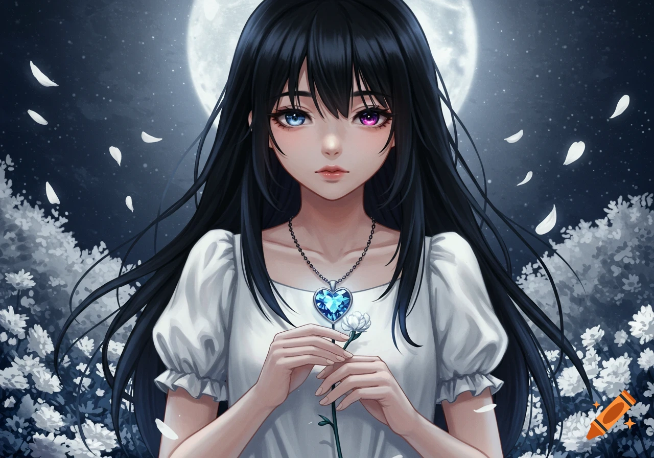 Anime girl with long black hair and heterochromatic eyes holding a white flower under a full moon with white petals.
