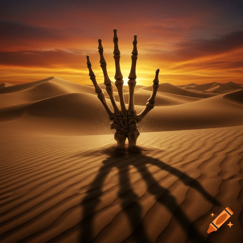 A skeletal hand emerges from golden sand dunes under a vibrant orange sunset.