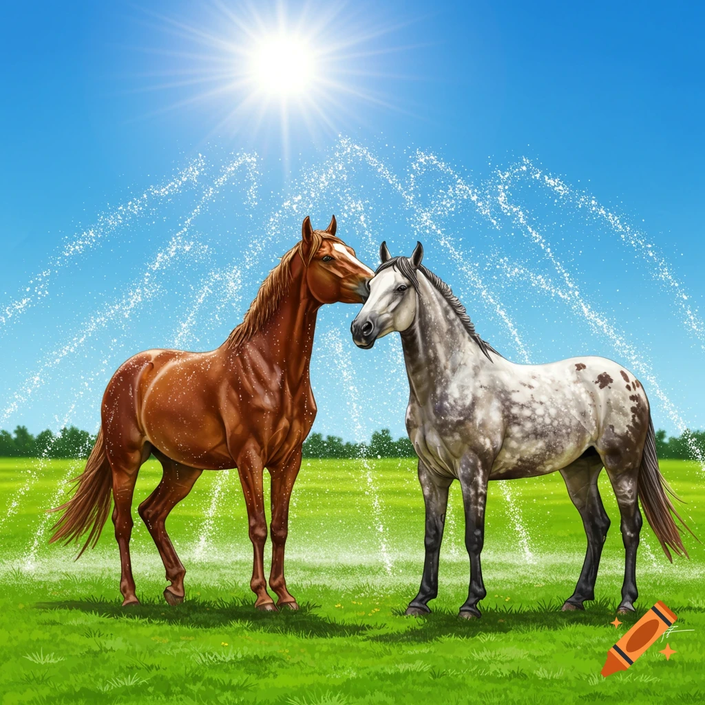 Two horses under a water sprinkler in a green pasture on a sunny day.