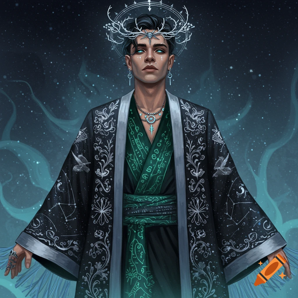 A mystical male figure with glowing teal eyes and a silver spiky crown wears an ornate black and green cosmic robe against a dark, starry sky.