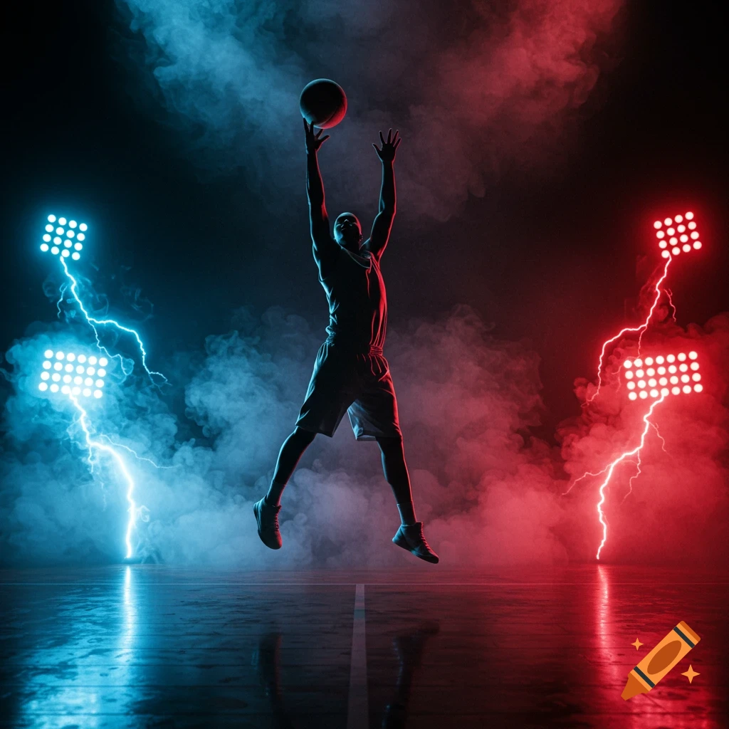 A basketball player jumps with a ball on a dark court with dramatic red and blue lighting, smoke, and lightning.