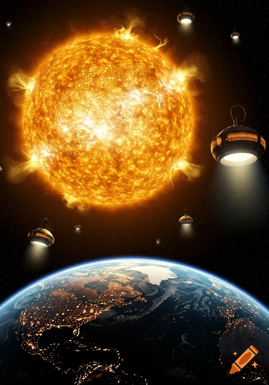 The Sun with circuit board patterns and lamp-like space heaters orbiting it, shining light towards the Earth below.