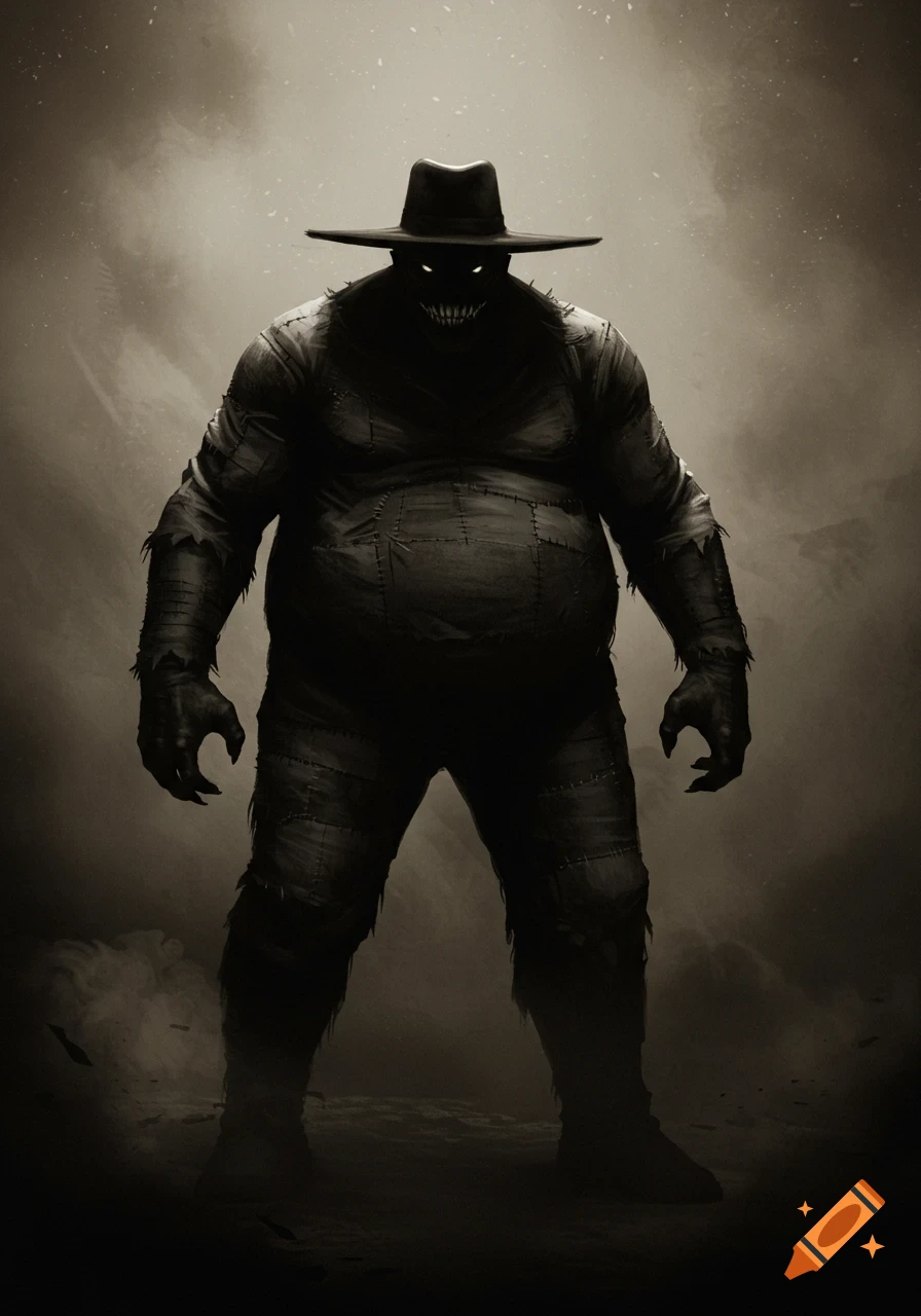 A dark, shadowy figure in a patched suit and wide-brimmed hat, with glowing eyes and sharp teeth.
