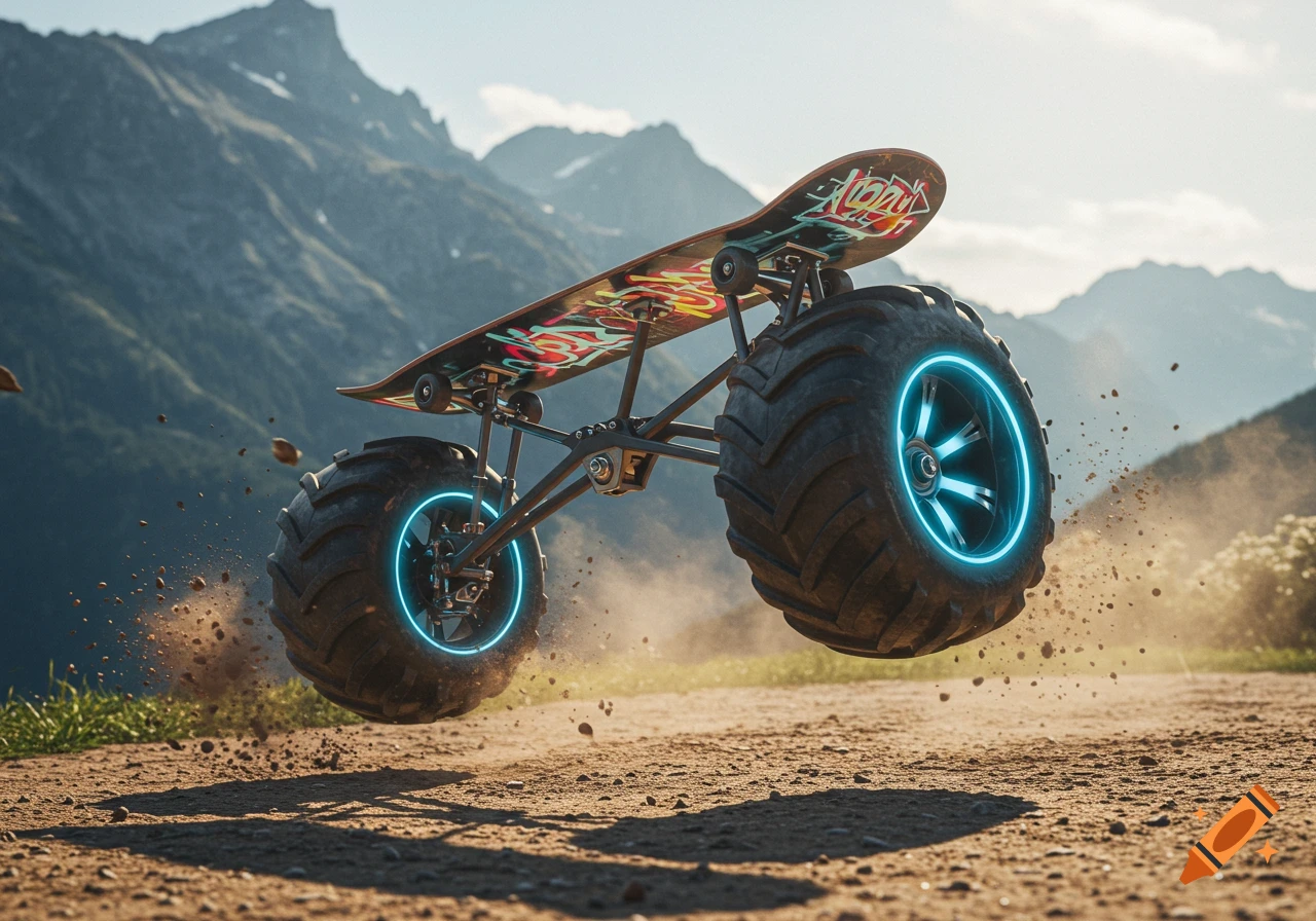 A custom skateboard with large monster truck wheels and neon blue rims hovers over a dirt track in a mountain landscape, kicking up dust.