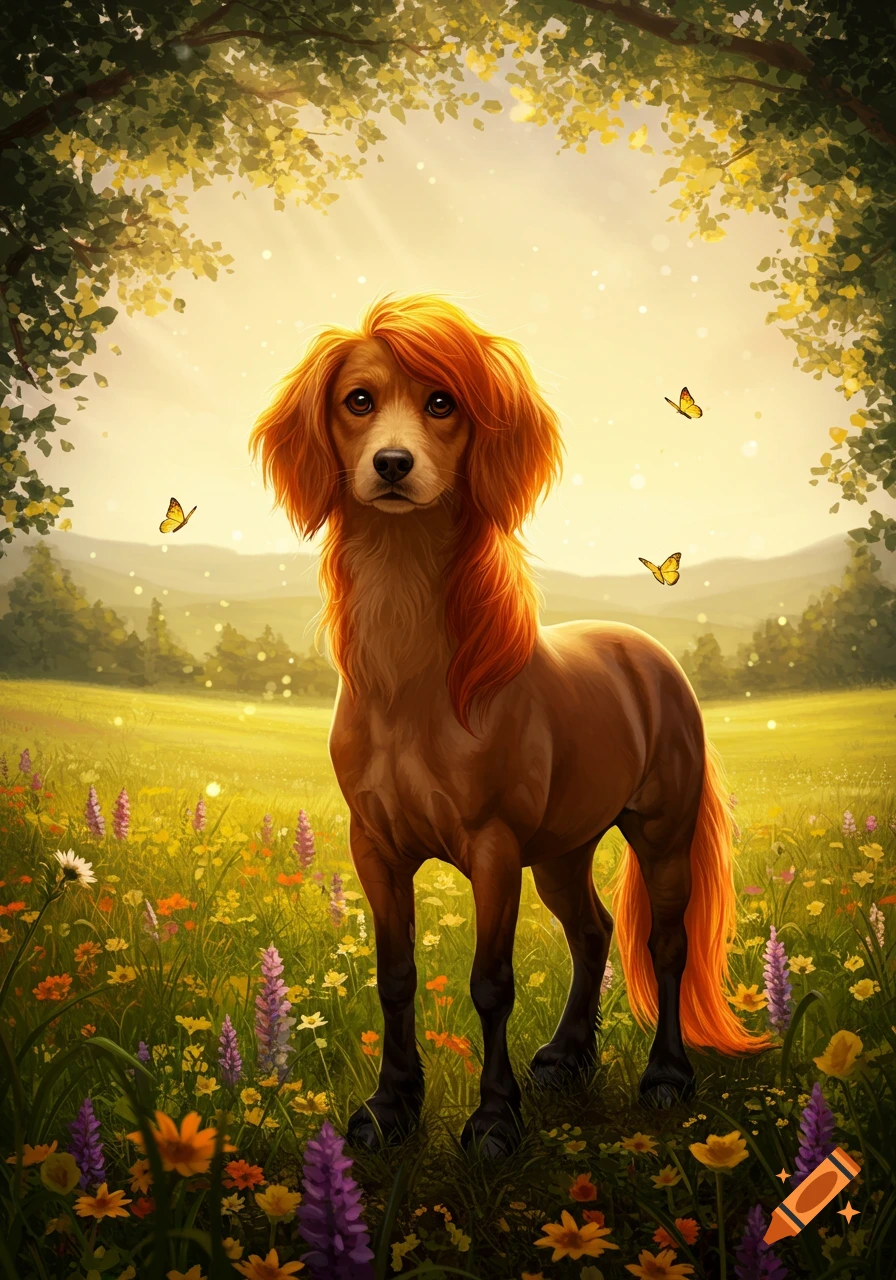 An illustration of a fantastical creature with a red-haired dog's head and a horse's body in a vibrant, sunlit meadow.