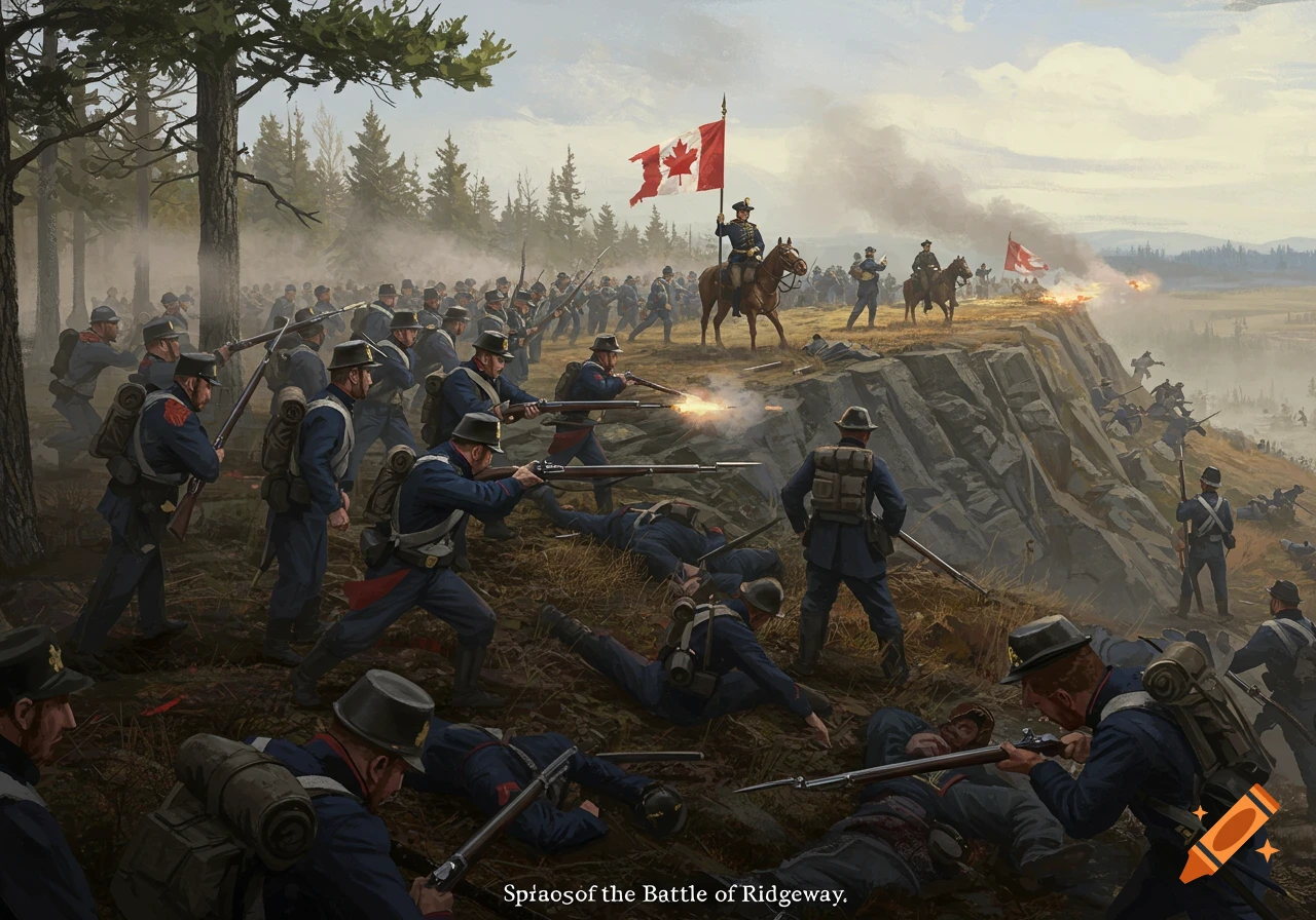 A dramatic painting of the Battle of Ridgeway with Canadian soldiers fighting on a rocky hill, some firing rifles, others fallen.