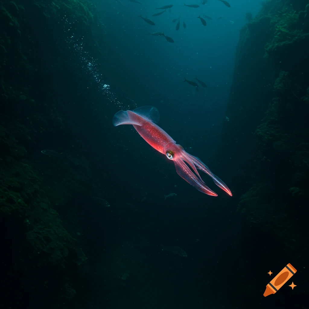 A red, glowing squid swims in dark deep ocean water with small fish and rock formations.