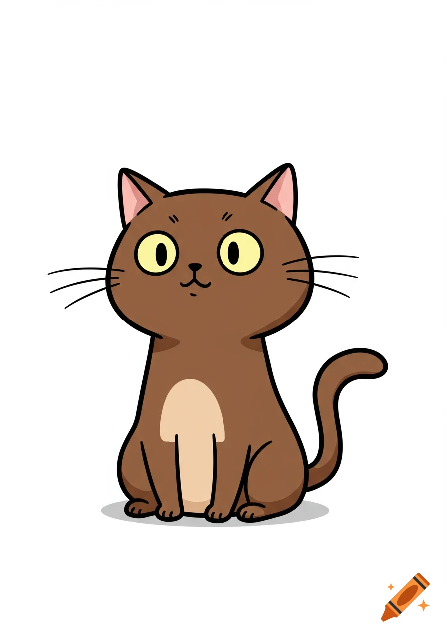 A cute brown cartoon cat with large yellow eyes sitting on a white background.