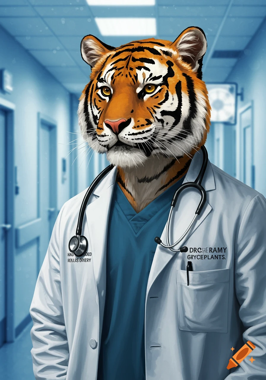 An anthropomorphic tiger in a doctor's coat and stethoscope stands in a hospital hallway, digital art style.